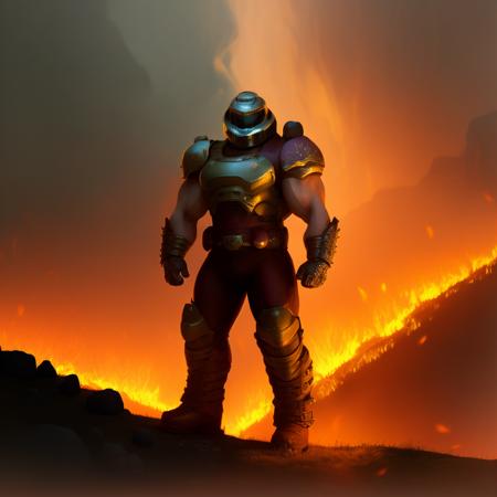 best quality, highres, absurdres, accurate,solo, standing, valley, rabbit on the grass, 1boy, armor, clenched hands, boots, helmet, muscular, slayer,  <lora:doomslayer:0.9>