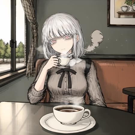 masterpiece, best quality, ultra-detailed, illustration, girl, cafe, sitting, an extremely delicate and beautiful, watercolor, coffee, pastry, cozy, white, short hair, pink eyes, girl with short, white hair and big, bright pink eyes, sitting at a small table in a cozy cafe, a steaming cup of coffee and a delicious pastry in front of her, the cafe filled with warm, natural light and adorned with plants and rustic decor, the girl lost in thought or conversation, a peaceful expression on her face

<lora:black-souls-5:1.0>