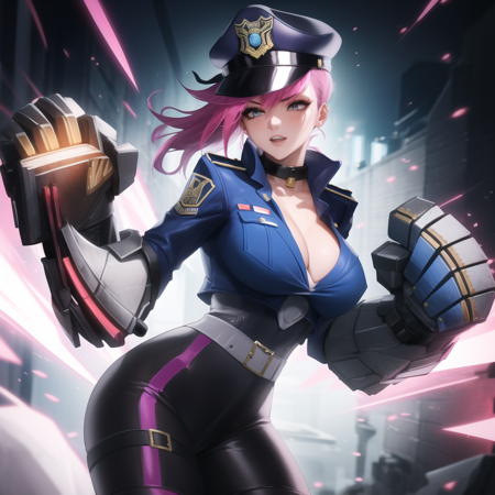 sfw, vi, police uniform, policewoman, hat, gauntlets, 1girl, solo, pink hair, cowboy shot, masterpiece, best quality <lora:vi-000020:0.8>