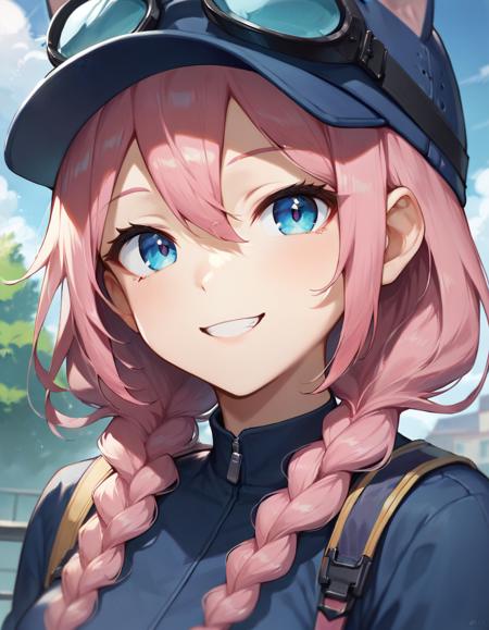 Steam Delivery Girl cat hat,baseball cap,blue headwear,goggles on headwear,medium hair,pink hair,twin braids,hair over shoulder,hair between eyes,parted bangs,blue eyes multicolored jacket,blue jacket,medium breasts,yellow sleeves,puffy long sleeves,black gloves,fingerless gloves,denim shorts,thigh strap,grey socks,sneakers,black footwear