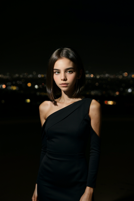 KristinaMeshalkova, photography by (Rodney Smith:1.3), ((face focus, shoulders)), (business dress, facing viewer, blurry background, bokeh, ID photo:1.3), night, hills above Los Angeles, lights in valley below, smile, <lora:nighttime_v1:0.8>