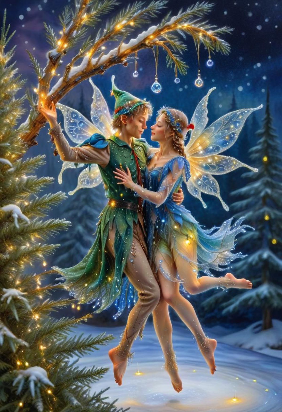 A painting of a fairy and a man dancing together on a snowy night under a Christmas tree.