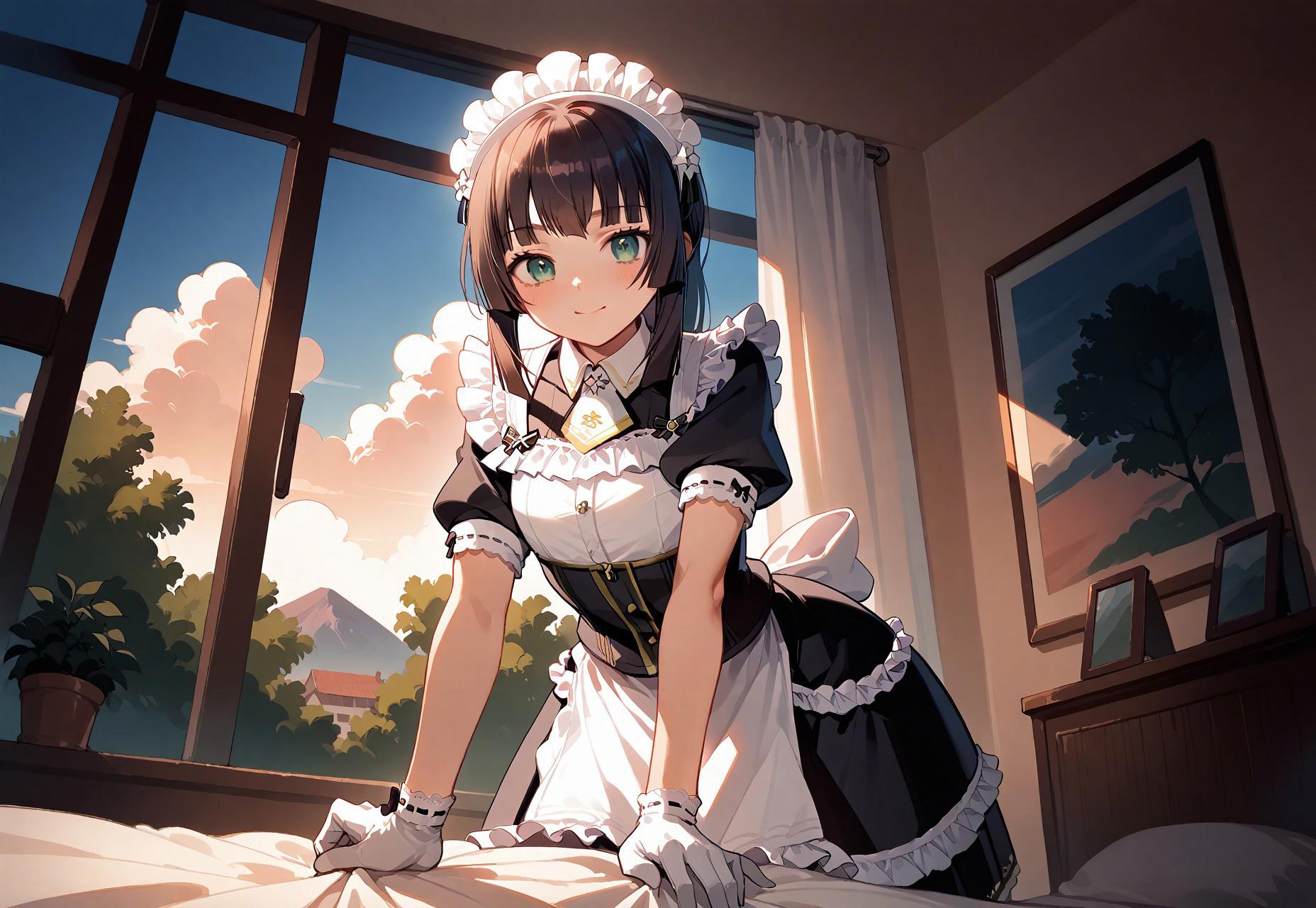 score_9, score_8_up, score_7_up, score_6_up, source_anime. zPDXL3, 1girl, solo, Mafuyu, Sofia maid outfit, Sofia maid headdress, Sofia maid gloves, looking at viewer, smile, leaning forward, upper body, bed sheet, indoors, window, flowing curtain, tree, morning, sunlight, sunny, sky, cloud, pov across bed, from below, (sidelighting:0.5)