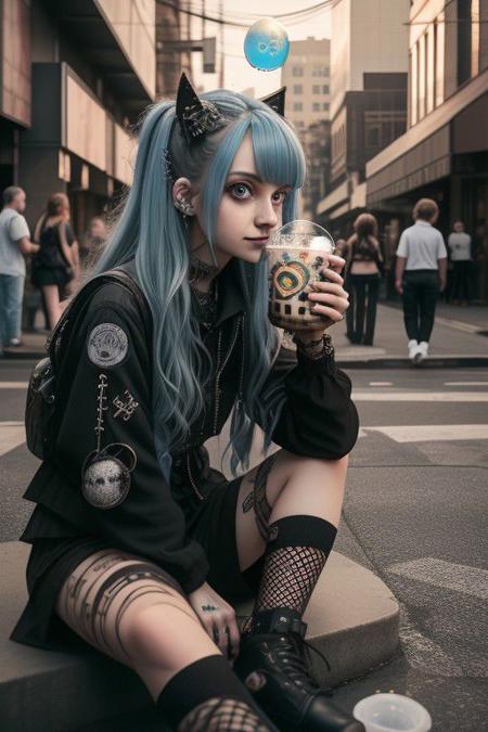 4K,8K. An attractive american gothic punk girl, with black punk fitting clothes, chestnut very long wavy hair, wide dreamy light blue eyes, wide smile, face close up, (holding a bubble tea,) (dynamic sitting pose, on the street)