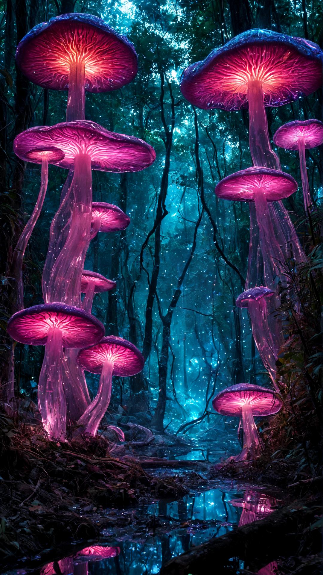 A surreal jungle where the trees are made of twisting, molten glass, their branches curling into spirals that shimmer with radiant light. The forest floor is covered in glowing pools of liquid crystal that ripple as bioluminescent creatures scurry across the surface. The leaves are glowing, translucent prisms that catch the light from the massive nebula swirling in the sky above, casting vibrant beams of pink, purple, and blue across the jungle. Giant luminous mushrooms grow from the crystal-encrusted ground, towering over the twisted trees like glowing towers, their caps radiating soft pulses of energy.