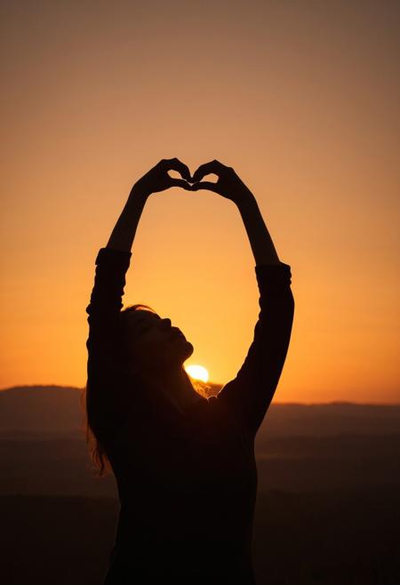 sunset, silhouette, woman, heart shape, hand gesture, warm colors, outdoor, dusk, sky, creative pose, backlit, soft focus, landscape, golden hour, tranquility, leisure activity, nature, serene, orange tones, casual attire