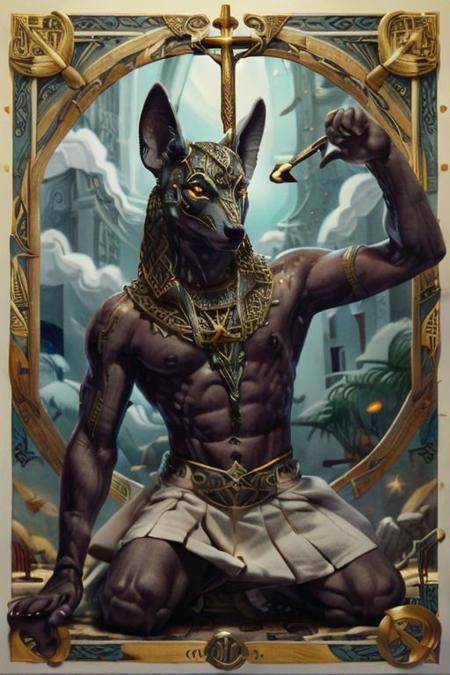 <lora:Tarotv0.2:0.8>, tarot card, b1bl1c4l mask, many wings, many eyes, Anubis crucified to the  Caduceus, twin symmetrical serpents wrap his body to the cross. in the OverallDetail background of the image are a pyramid, a wheel, a ((hammer)), a ((checkerboard square)). At the feet of Anubis GaelicPatternStyle 'the tendrils of the circuit reach out and connect with the borders of the tarot card. Anubis' feet on the cross point down to a minicomputer, which in turn fans out into a oblique expension of wires. cyberspace_background (background of (highly detailed line art, intricate, hidden meaning and illuminati symbols)), 8k, highly detailed, intricate subtle textures, porcelain, lace, OverallDetail ((dark theme) smoke), {(owl, fox, moth) shoulders}, {{curtsey, skirtlift (((lifting white pleated skirt)))}}