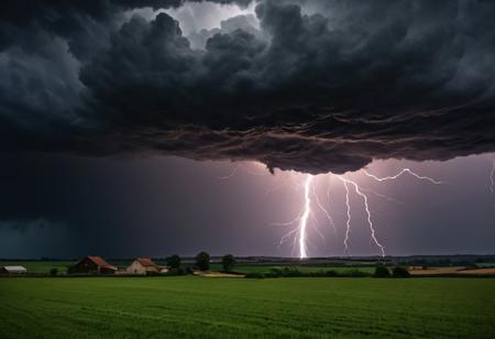 dark thunderclouds cover the sky, deep flashes of lightning strike the land, countryside, rural, farm, farmhouse, high quality, beautiful, rain, shadows, vivid, contrast, atmospheric, dramatic, dramatic lighting,