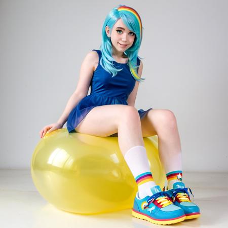 female, girl, (blue dress, rainbow dress, blue shoes:1.25), rainbow hair, rainbow dash, (sitting on a translucent yellow balloon:1.15), human, cosplay, friendly, cute, (yellow balloon:1.25), photo, glamour photography