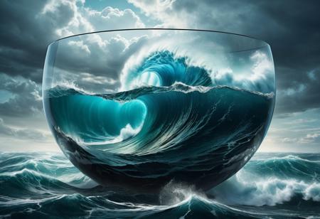 Surrealism, a massive ocean trapped inside a colossal glass vessel, with turbulent waves crashing against the transparent walls, creating a mesmerizing, dreamlike atmosphere. The color palette is deep and rich, with intricate details and textures, reminiscent of fantasy concept art.