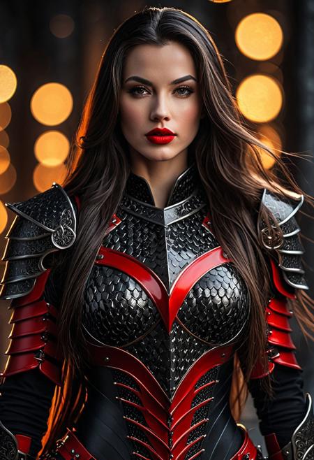 a beautiful woman wearing a forged carbon black and red armor, long flowing hair, red lipstick, confident pose, intricate armor details, glowing accents, cinematic lighting, dramatic shadows, reflective surface, hyperrealistic texture, bokeh background, depth of field, moody ambient light, ultra sharp focus