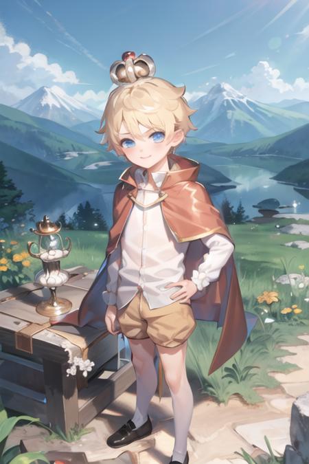 1boy, crkcustard, blue eyes, short hair, blonde hair, earrings, red cape, mini crown, jewelry, white shirt, buttons, puffy shorts, standing, looking at viewer, (mountain:1.3) <lora:custard_cookie-000004:0.8>