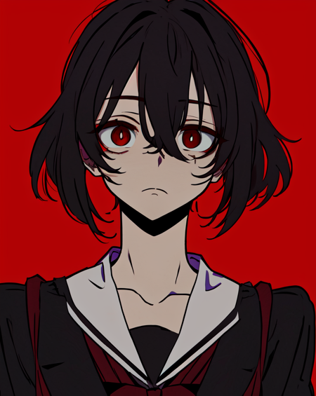 masterpiece, best quality, <lora:last-000005:0.6>, yameroyandere, crazy eyes, yandere, red background, constricted pupils, red eyes, empty eyes, shaded face,