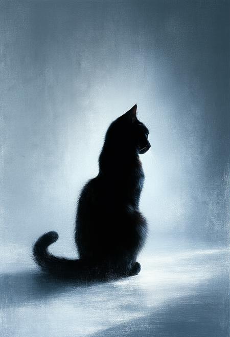 A solitary, thick black cat, a study in luxurious fluff, rendered in a minimalist style. Imagine shimmering white light gently caressing its silhouette against a deep midnight black background. Linear shapes define its form - a subtle curve of the back, the sharp angle of an ear â creating a balanced, almost abstract composition. The impressionistic quality lends a softness and dreamlike feel, while the stark contrast emphasizes the catâs presence. Think Henri Matisse meets digital abstraction; reduction of form, uniformity of texture, a quiet, contemplative scene. Focus on the interplay of light and shadow, creating an ethereal, almost ghostly beauty. 8k, trending on artstation, volumetric lighting, photorealistic, high detail.