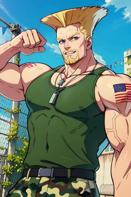 Guile, blond hair, flattop,  beard,  shoulder tattoo,  muscular, blue eyes,  looking at viewer, 
biceps,  green muscle shirt, camo pants,  necklace,  teeth,  american flag tattoo, 
Air Force Base, morning, outdoors, 
standing, upper body, 
(insanely detailed, beautiful detailed face,beautiful detailed eyes, masterpiece, best quality) ,smile, solo, 
 <lora:Guile-10:0.7>