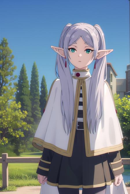 frieren, <lora:frieren-lora-nochekaiser:1>,
frieren, long hair, twintails, (green eyes:1.5), grey hair, pointy ears, elf,
BREAK shirt, long sleeves, jewelry, pantyhose, earrings, striped, black pantyhose, capelet, striped shirt,
BREAK looking at viewer, upper body, full body,
BREAK outdoors, sky, nature,
BREAK <lyco:GoodHands-beta2:1>, (masterpiece:1.2), best quality, high resolution, unity 8k wallpaper, (illustration:0.8), (beautiful detailed eyes:1.6), extremely detailed face, perfect lighting, extremely detailed CG, (perfect hands, perfect anatomy),