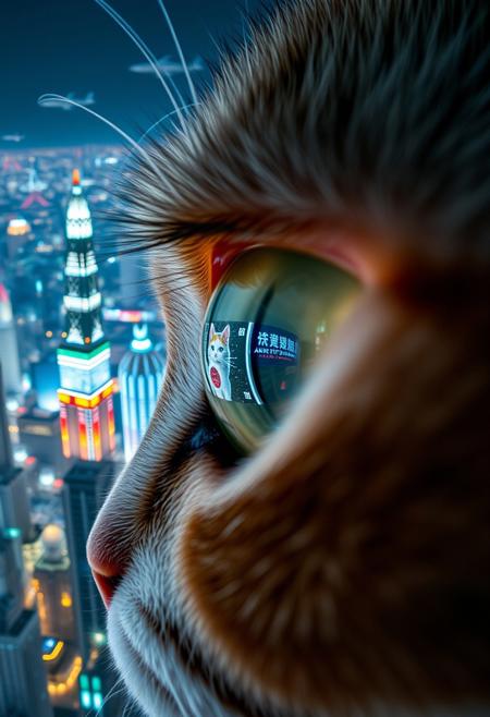 extreme close up portrait of a cat's eye reflecting the a futuristic Tokyo skyline at night from a very high level, the skyline is with futuristic skyscrapers and futuristic transports and futuristic aircraft and spaceships in a variety shapes and sizes, the airships covered with lights and advertisements in Japanese,  reflecting in the cat's eye is a huge airship that has an advertisement with a Japanese cat on the side, the cat's eye has takes up 85% of the image