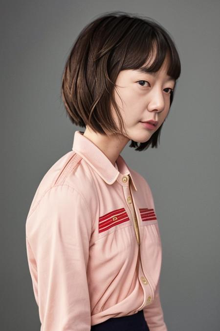 (old color photo) (portrait) of (baedoona-4000) woman, age 30, pastel colors, cute (bob cut:1.3), (red lips), (profile view), (looking to the side), modelshoot style, analog style, 35mm, dramatic high contrast