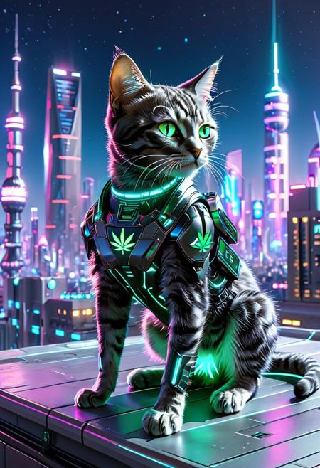 a futuristic kitten with cybernetic features, glowing neon eyes, sleek metallic fur, small hover boosters on its back, posing on a high-tech city rooftop at night, holographic skyline in the background, vibrant neon lights, ultra-detailed, cinematic lighting, 420 Futurism style, concept art, high definition, 420futurism