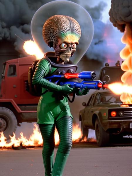 1boy alien  <lora:MarsAttacks:0.7>  MarsAttacks! chasing crowd of distant people  city street ray gun firing green rays