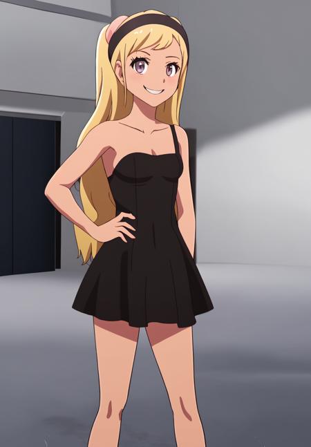 <lora:Quitterie_Raffaeli:0.8>, Quitterie_Raffaeli, 1girl, solo, smile, black dress,