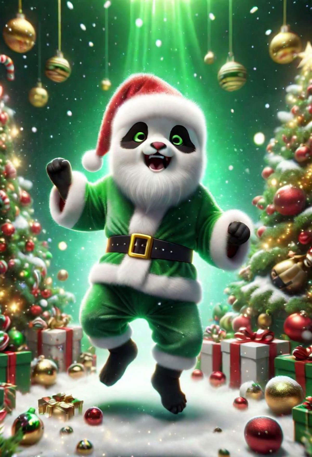 A cartoon panda bear wearing a Santa Claus costume.
