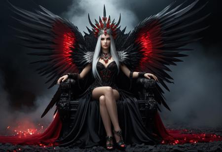 A dark fantasy digital artwork depicts a female figure seated on a 
dark throne with intricate metallic designs resembling dragon scales. The central character has long 
gray hair cascading dramatically around her. She wears an elaborate dress adorned with shiny red crystals and intricate metallic designs, 
dark feathered wings spread symmetrically behind her, 
decorated with bright red crystals and metallic elements. Each wing is composed of countless black feathers. 
The woman's head is crowned with a radiant halo of intense red crystals, 
forming a striking headdress that extends upwards. Her body is adorned with matching jewelry, 
including a prominent red crystal anklet on her left foot. The throne itself features two large skulls positioned on its armrests,
each held by one of the character's hands. The background is swirling clouds and embers, 
enhancing the eerie atmosphere. Around the throne are many scattered human skulls, drowned in darkness, 
rocky terrain, 
adding to the sinister ambiance. The scene takes place in a foggy context, 
smoky backdrop, 
contributing to the mystical yet eerie feeling. Dramatic lighting highlights the central figure while casting deep shadows. highly saturated visual effect that emphasizes the surreal and gothic aesthetic.
