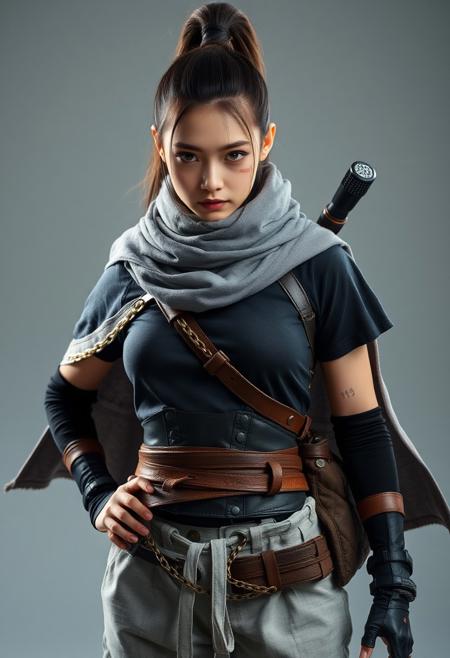 full shot of a japanese ninja girl, She has a tall ponytail hair style, She has a scar in the right eye, She wears a grey scarf cape, She wears two warrior belts with chains, she wears a Battle leather corset, she wears a black T-shirt, she wears light grey Explorer trousers, photography studio style, hyper realistic, ultra detailed