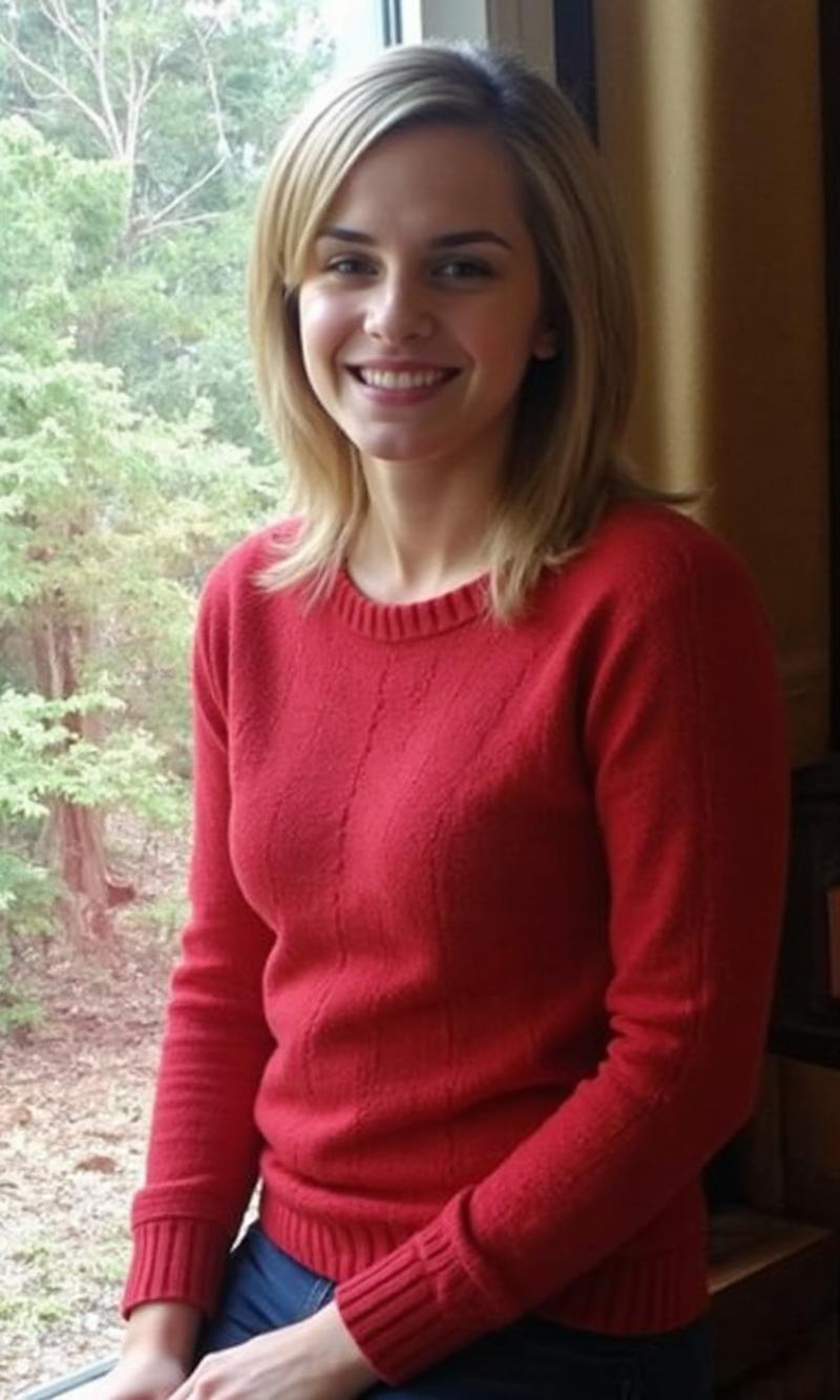 3mm4w, photo of a woman wearing a red sweater siting next to a window overlooking a forest, sunlight spreads across her face as she smiles, cozy interior