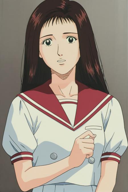 1990s \\(style\\), retro artstyle, shimamura youko, black eyes, brown hair, long hair, serafuku, school uniform, sailor collar, pleated skirt, skirt