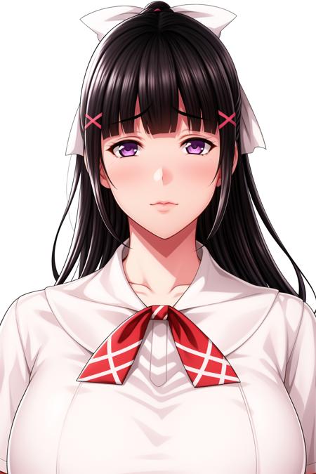 Simple White Background,
sailor collar,school uniform, serafuku, short sleeves,
Red neckerchief,White shirt,
<lora:Kanade_Amakawa_Natsuyasumi-KK77-V1:0.7>,
purple, Black hair, White Hair ornament,long hair,blunt bangs, high ponytail, 
<lora:Oda_Non_Style-KK77-V2:0.3>,<lora:more_details:0.1>,
1 girl, 20yo,Young female,Beautiful Finger,Beautiful long legs,Beautiful body,
Beautiful Nose,Beautiful character design, perfect eyes, perfect face,expressive eyes,perfect balance,
looking at viewer,(Focus on her face),closed mouth, (innocent_big_eyes:1.0),(Light_Smile:0.3),
official art,extremely detailed CG unity 8k wallpaper, perfect lighting,Colorful, Bright_Front_face_Lighting,White skin,
(masterpiece:1.0),(best_quality:1.0), ultra high res,4K,ultra-detailed,
photography, 8K, HDR, highres, absurdres:1.2, Kodak portra 400, film grain, blurry background, bokeh:1.2, lens flare, (vibrant_color:1.2),professional photograph,
(Beautiful,large_Breasts:1.4), (beautiful_face:1.5),(narrow_waist),