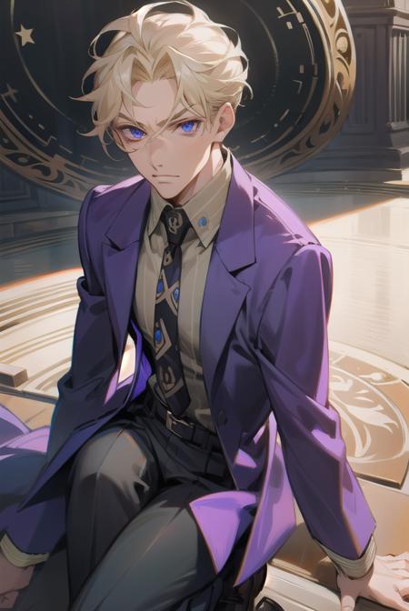 kirayoshikage, <lora:kirayoshikagetest:1>, kira yoshikage, 1boy, blonde hair, short hair, mature male, cheekbones, purple eyes,
BREAK belt, formal, necktie, shoes, suit,,
BREAK looking at viewer,
BREAK outdoors, park,
BREAK <lora:GoodHands-vanilla:1>, (masterpiece:1.2), best quality, high resolution, unity 8k wallpaper, (illustration:0.8), (beautiful detailed eyes:1.6), extremely detailed face, perfect lighting, extremely detailed CG, (perfect hands, perfect anatomy),