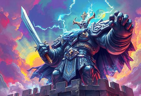 "A detailed, full-body portrait of a triumphant Elemental Thunder Giant standing on castle walls, sword in hand, against a vibrant, multi-colored backdrop. This 4K illustration showcases the giant's powerful physique, intricate armor, and expressive eyes, using sharp lines, vivid emotions, and a dynamic action pose to convey a joyful impact and powerful message. Created with Octane Render and Unreal Engine 5, this artwork is poised to trend on Artstation and CGSociety, with its stunning colors, balanced editing, and intentional focus capturing the viewer's attention."