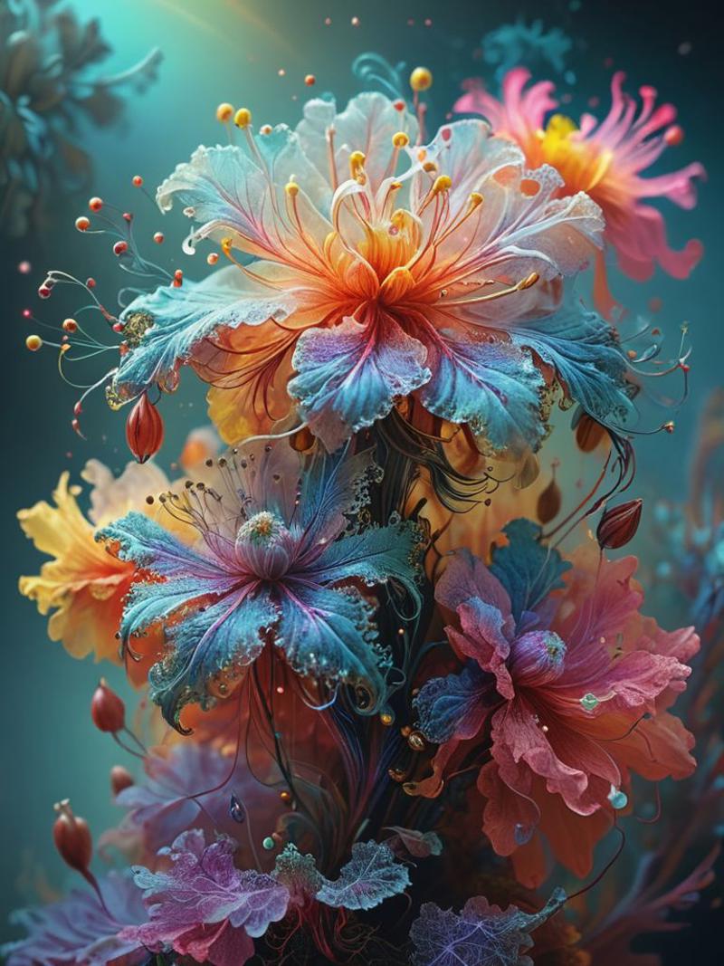A colorful and vibrant bouquet of flowers with yellow, pink, blue, orange, and purple petals.