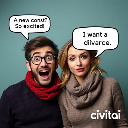 A photographic novel between a very enthusiastic man and a fed-up tired woman. The man says in a text bubble: "A new contest! So exciting!", the woman says in a text bubble: "I want a divorce". In the bottom right corner is the white and blue logo of "civitai"