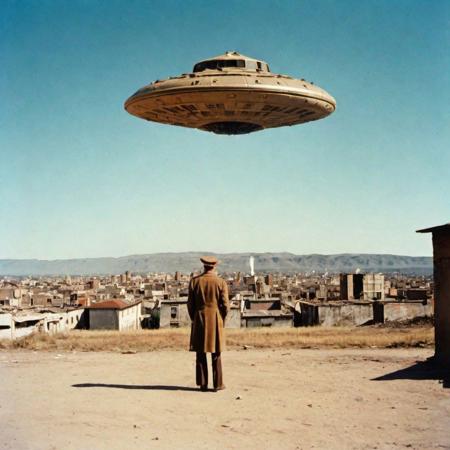 wide shot,70s era, RAW photo, ((full-body photo)), intage photo of a DISTANT UFO in a WW2 picture, destroyed city backdrop, Analog Style,Kodak Max 400 Film, photography by 70s_photographers, 20mm f/1.8 lens,Wide Angle Shot., Whimsical yet Numb., Quirky Character Designs, dark background,
low contrast, soft lighting, warm lighting, insanely detailed, cinematic film still, cover, high definition, highest resolution, UHD, vivid, JuggernautNegative, OverallDetail,