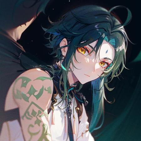 <lora:vividImpactfulStyleYoneyamaMai_v40hLocon:0.15> 1boy,dark green hair,best quality,masterpiece,extremley,yellow eyes,male focus,beautiful eyes,<lora:xiaoGenshinImpact_v30:0.8>,