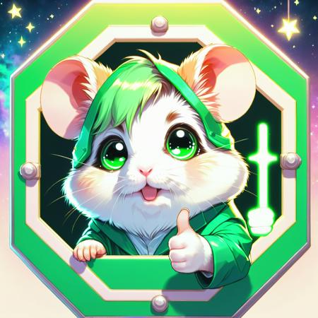 DonMSt0pS1gnXL green octagon, cute hamster,  thumbs up, ethereal, fairytale, magical <lora:DonMSt0pS1gnXL-000006:0.75>