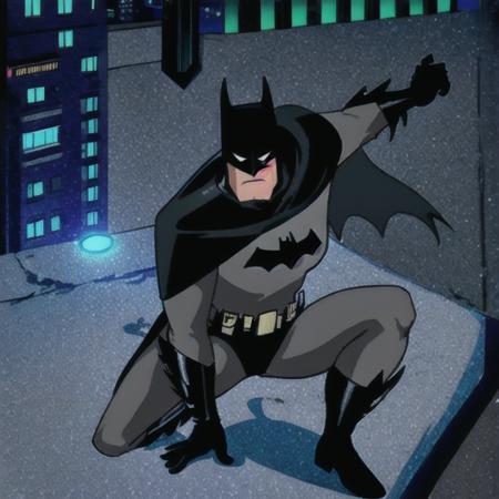 batman,1boy,solo, grey bodysuit,utility belt,black cape,black gloves,superhero,masterpiece ,boots,best quality, crouching, angry, looking down, on rooftop, , neon lights, male focus,<lora:batman:0.75>