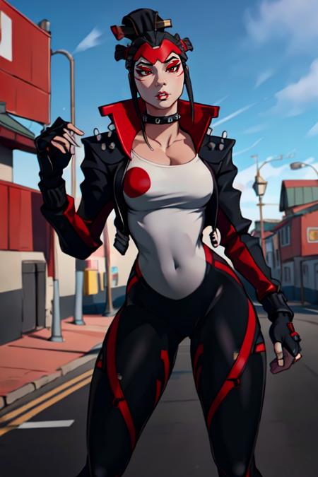 masterpiece,best quality,extreme detail,8k,<lora:Takara-10:0.8>,takarafn,1girl,solo,breasts,black hair,red eyes,gloves,medium breasts,jacket,outdoors,choker,black gloves,fingerless gloves,blurry,collar,black jacket,bodysuit,makeup,spikes,eyeshadow,cropped jacket,wide hips, thighs