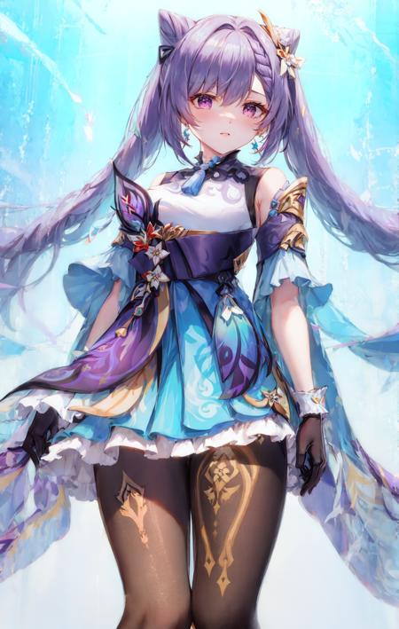 1girl,  from_below, pantyhose, keqing (piercing thunderbolt) (genshin impact), keqing (genshin impact), black_pantyhose, hair bun, purple hair, gloves, twintails, long hair, purple eyes, diamond-shaped pupils, bare shoulders, hair ornament, black pantyhose, cone hair bun, detached sleeves,dress, jewelry, medium breasts, earrings, bangs, frills, purple dress, black gloves, braid, skirt,<lora:keqingGenshinImpact3in1_v10:1><lora:style_GZC:1>