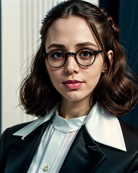 ChzElizaDushku, close-up, photo of 1girl as a strict librarian, glasses, slender figure, wearing edgdlf, chic black jacket, whisper-thin white silk shirt, (stern expression), hair in a sensible bun, library background, artistic composition, perfect shading, (detailed skin, perfect eyes), (photorealistic), (hyperdetailed:1.3), (masterpiece, best quality:1.5), edgdlf,