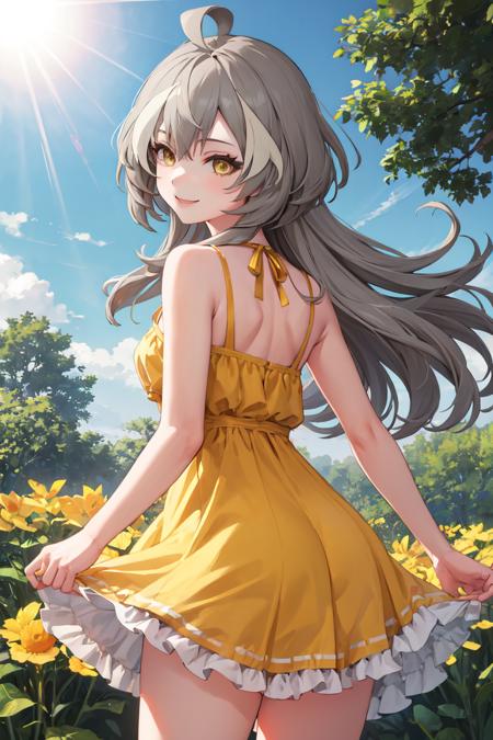 masterpiece, best quality, absurdres, perfect anatomy, 1girl, solo, SasakiRan, long hair, streaked hair, ahoge, from behind, (yellow sundress), garden, day, sunshine, smile, looking back, <lora:SasakiRan:1>