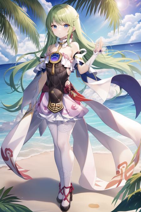 1girl,solo,blue eyes,green hair,long hair,standing,white legwear,dress,detached sleeves,pantyhose,white dress,bare shoulders,china clothes,choker,high heels,jewelry,white gloves,neck ring,tassel,frills,skirt,ocean,beach,tree,<lora:clothes_fuxuan_costume_v1-000016:1>,