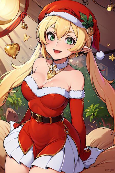 <lora:Merunyaa_Style_Dim32:0.8>,((masterpiece,best quality)), absurdres, <lora:Klee_Adult_Christmas:0.8>,  Klee_Adult_Christmas, pointy ears, green eyes, santa hat, mistletoe on hat, red shirt, bare shoulders, detached red sleeves, blonde, heart necklace, jewelry, twintails, white skirt, solo, smiling, looking at viewer, cowboy shot,