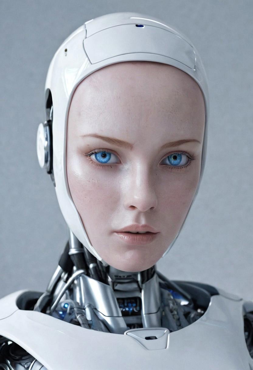 A robot, white plastic skin, female, neutral face, blue eyes, detailed, realistic, white room