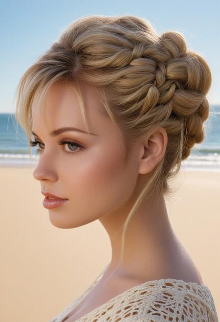 score_9, score_8_up, score_7_up, score_6_up, score_5_up, score_4_up, 1girl, adult, 23 years old, closeup, sunlight on face, blonde, braided updo, realistic photo, sun in eyes, golden hour, outdoors, sunny day, sunlit irises, masterpiece, detailed, highest quality, dramatic lighting, realistic, short hair, long eyelashes, beach