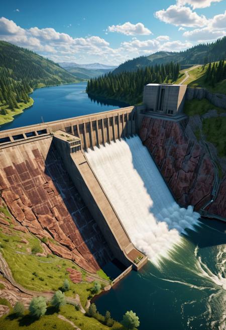 extremely detailed, landscape of a dam, lake ,in ravine, sunny weather, some cloud, unreal engine 5, perfect composition, vibrant, rtx, hbao, sharp, expanded view, dam view, pnw