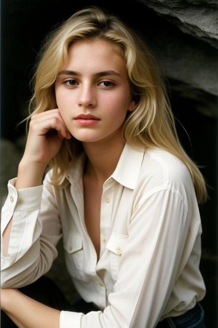 photograph of a woman, (troubled facial expression:1.1), textured skin, goosebumps, (blonde hair:1.2), (unbuttoned white shirt:1.2), distressed boyfriend jeans, long sleeves, (candlelight,chiaroscuro:1.1), cowboy shot, dark and mysterious cave with unique rock formations and hidden wonders, perfect eyes, Porta 160 color, shot on ARRI ALEXA 65, bokeh, sharp focus on subject, shot by Don McCullin