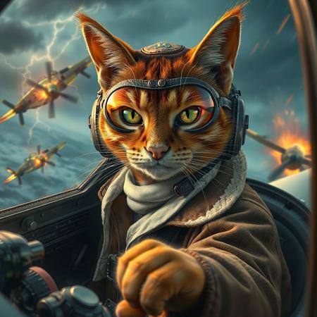 cinematic cockpit close-up, anthropomorphic orange tabby cat WWII fighter pilot, intense expression, gripping throttle and joystick in a worn P-51 Mustang, brown leather flight jacket with shearling collar, white silk scarf fluttering, leather aviator cap with ear holes and squadron patch (claw + lightning bolt), scratched goggles reflecting glowing amber dials, green eyes narrowed, oxygen mask on muzzle, headset over ears, dramatic rain-streaked canopy, bullet marks, chaotic aerial dogfight outside — smoke trails, tracers, enemy plane in flames spiraling down, lightning flashing over stormy ocean, vivid motion blur, ultra-detailed fur, dramatic lighting, cinematic contrast, colors: brown, olive, silver, fiery orange, green, stormy blue sky, (hyper-realism:1.2), (tense atmosphere:1.1), (action anime style:0.8)
Negative Prompt:
blurry, poorly drawn, disfigured, deformed hands, low detail, bad anatomy, extra limbs, extra eyes, out of frame, watermark, text, logo, jpeg artifacts, cropped, low contrast, untextured
